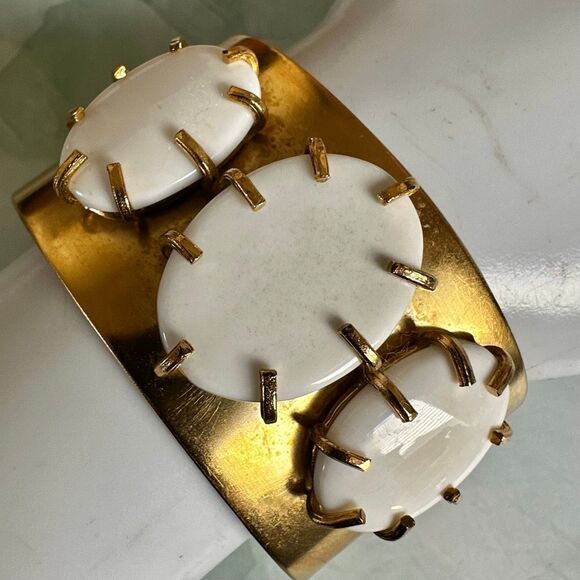 Bold Gold-Tone Brass Cuff Bracelet with White Resin Cabochons - Picture 2 of 7